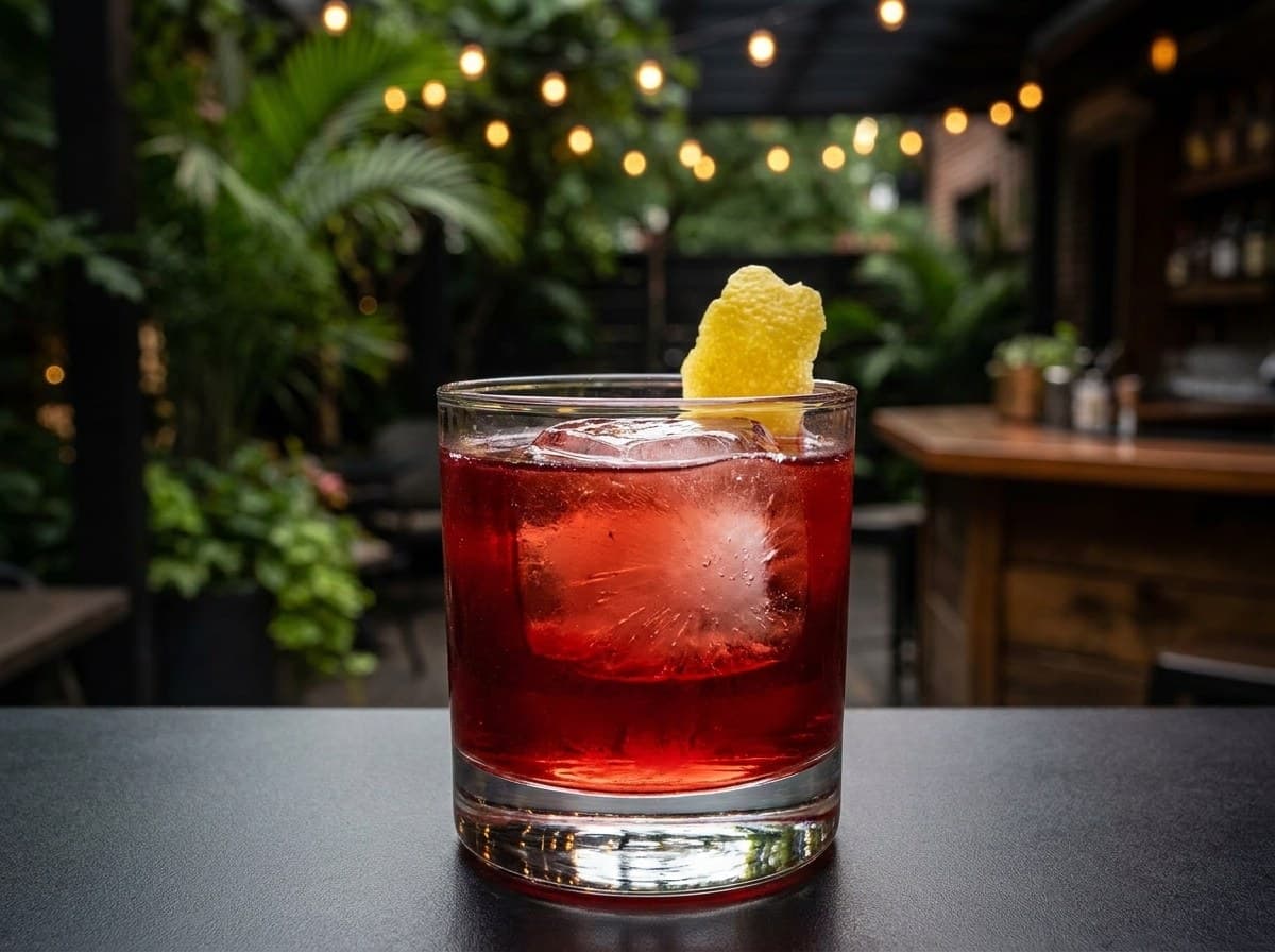 A ruby cocktail on the rocks with citrus garnish