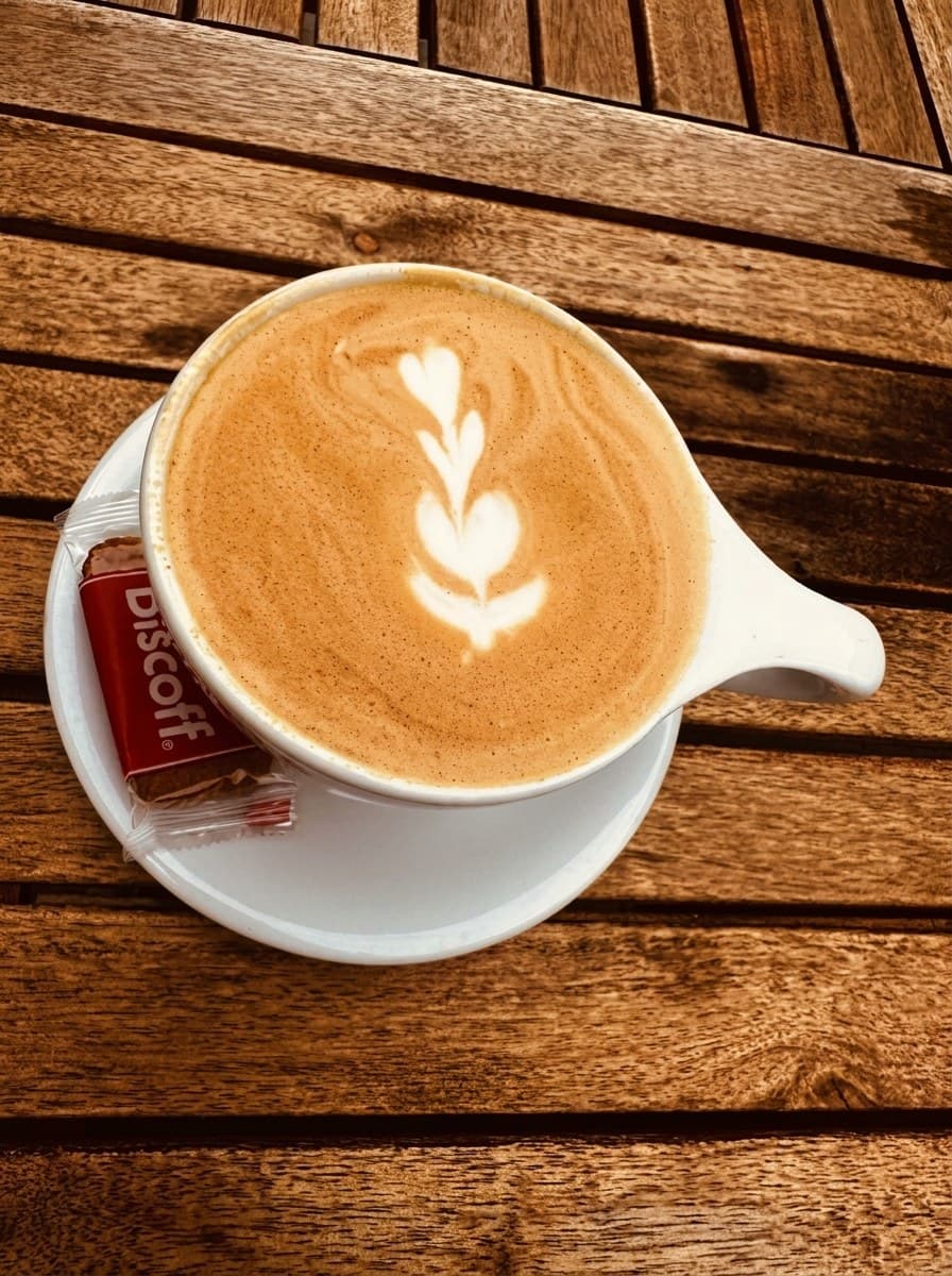 Latte with flower foam art and a Biscoff cookie at Tasty